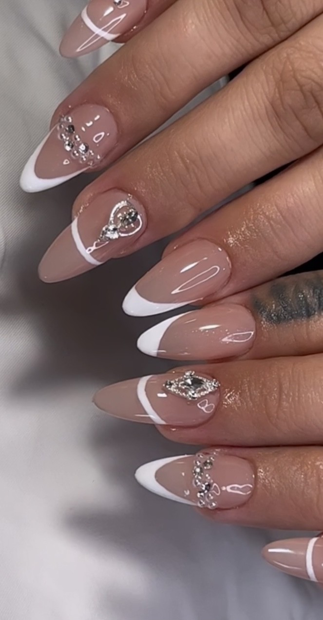 White tip french nail set with crystal detail